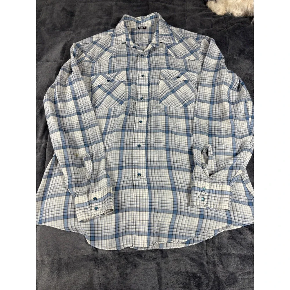 Levis Mens‎ Western Pearl Snap Shirt Blue White Plaid Long Sleeve Size L